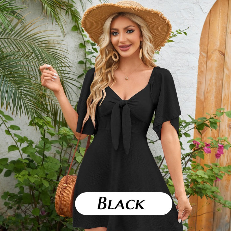 Elegant Deep V Neck Bow-Tie Mini Dress-Very Good Elasticity~