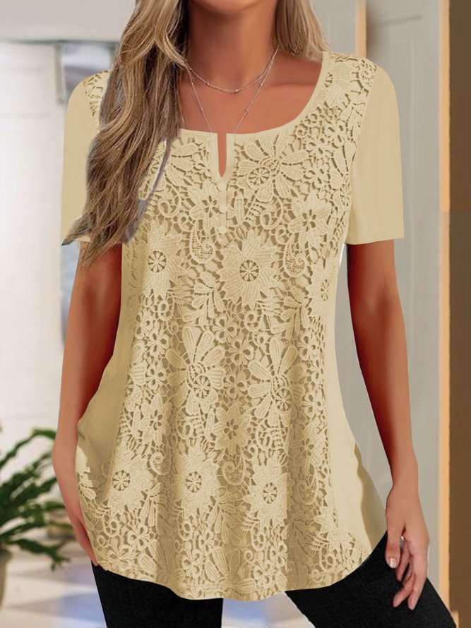 Women's V Neck Lace Short Sleeve Casual Shirt