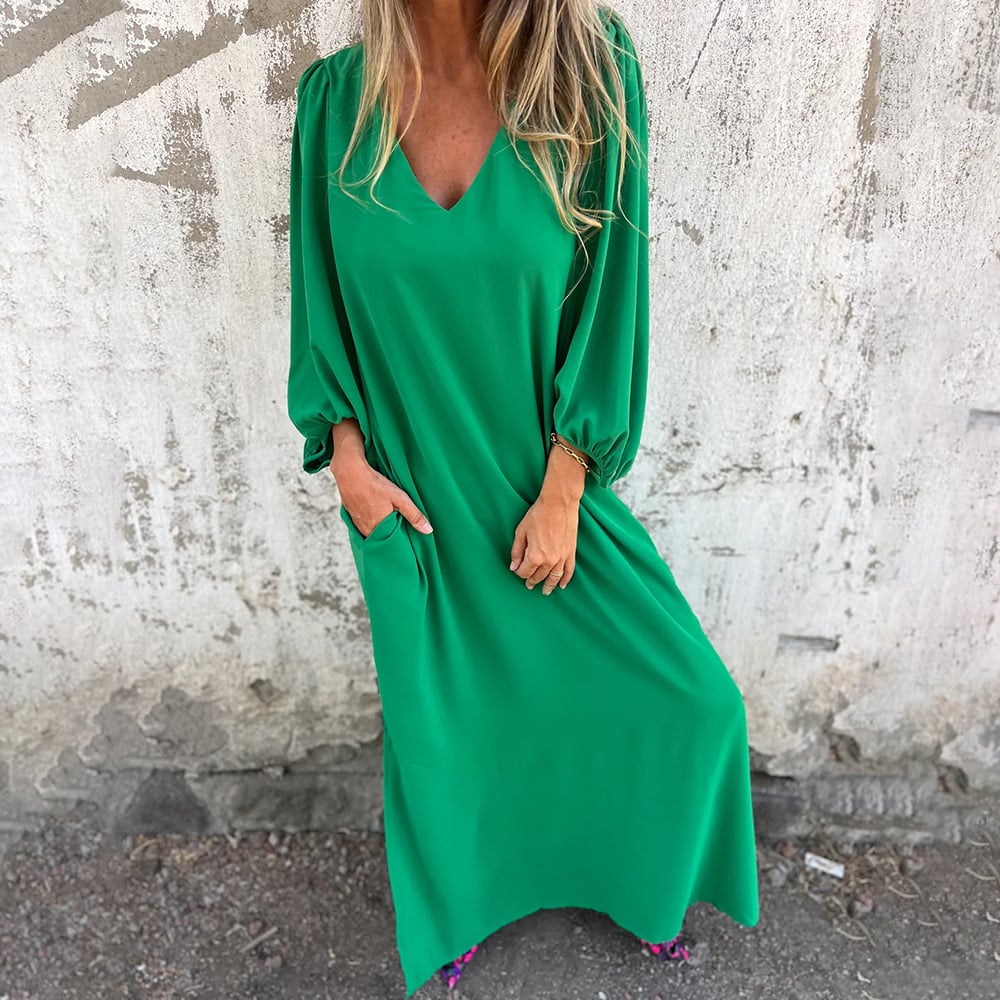 V-neck Solid Color Lantern Sleeve Dress