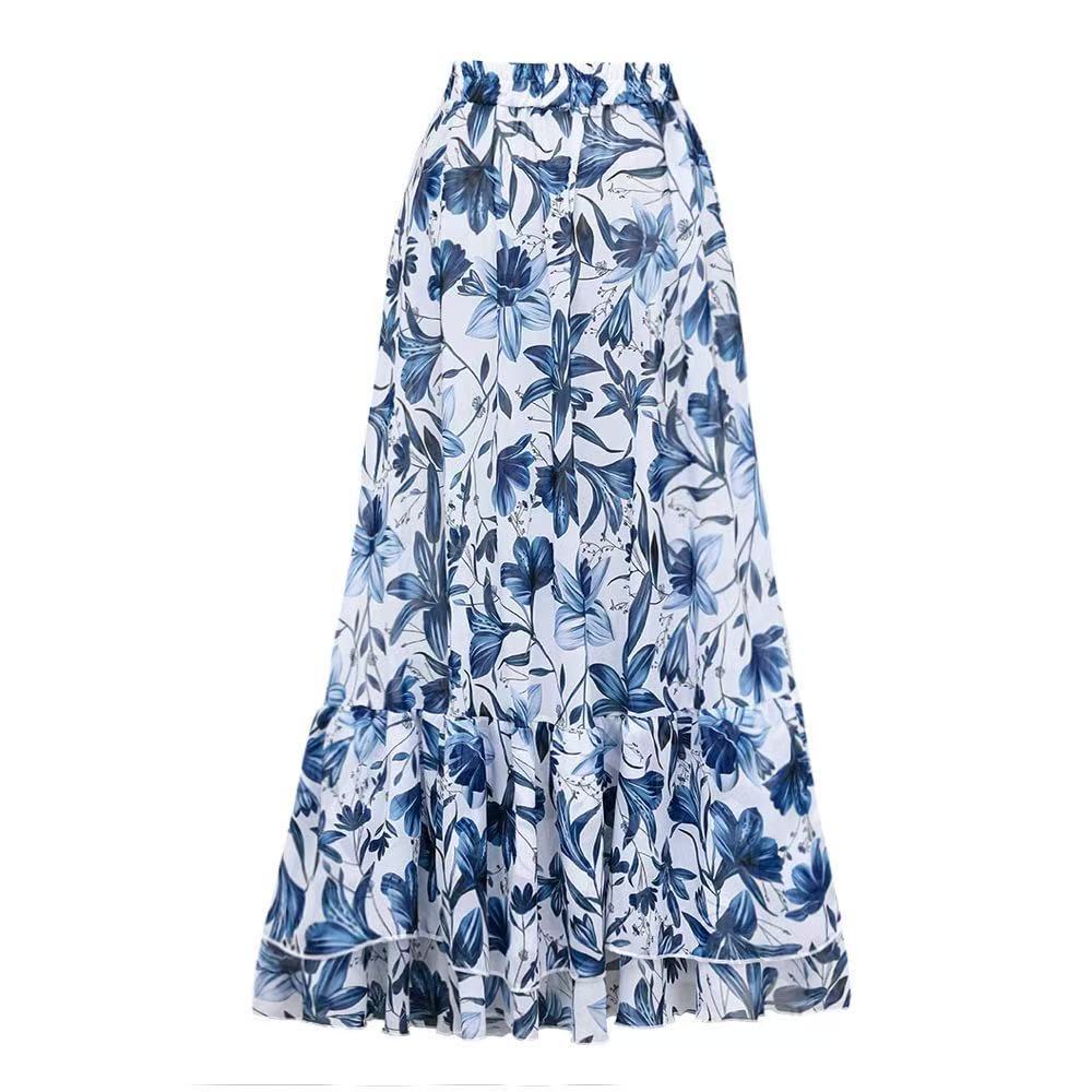 š©±V Neck Lace Up Printed One Piece Swimsuit and Skirt