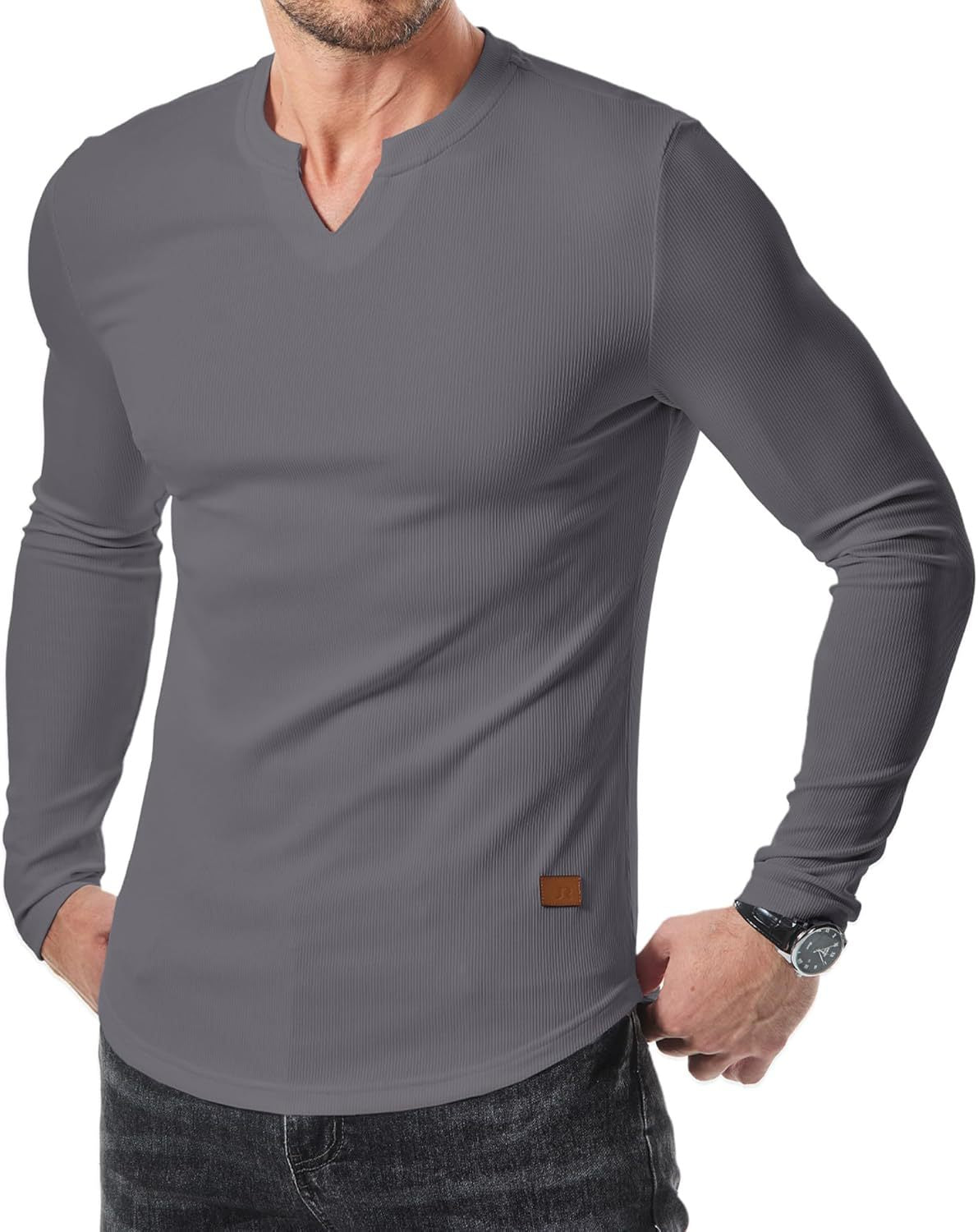V-Neck Longline Ribbed Tees Shirts Long Sleeve Gym Workout Athletic Menswear Tops