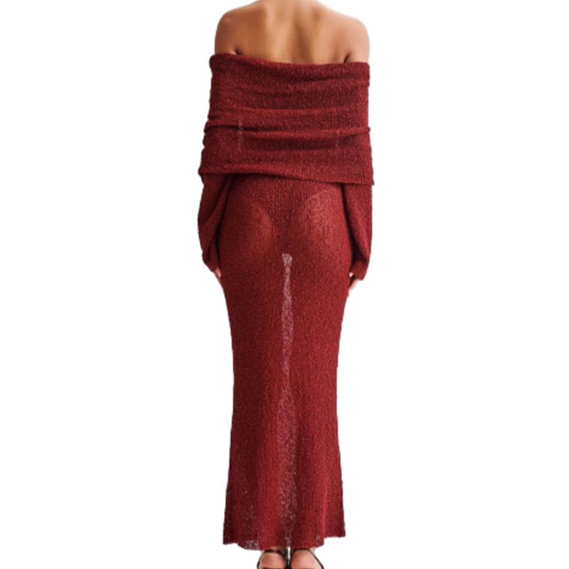 💃Open Shoulder Long-Sleeve Knit Bodycon Dress