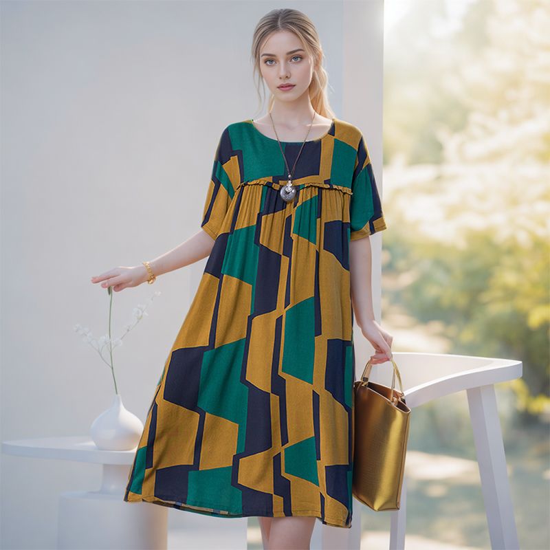 Women’s Oversized Stylish Print Short-sleeve Dress with Pockets