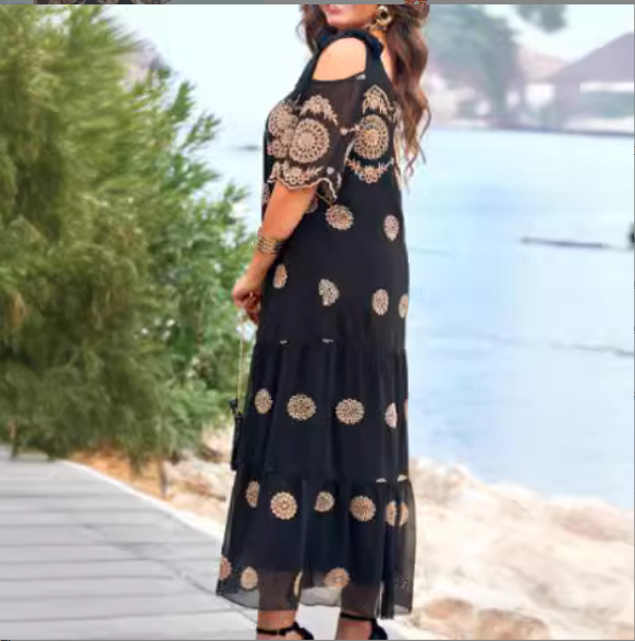 【S-4XL】🥰 Summer Hollow Dress Short Sleeve Loose Printed Long Skirt