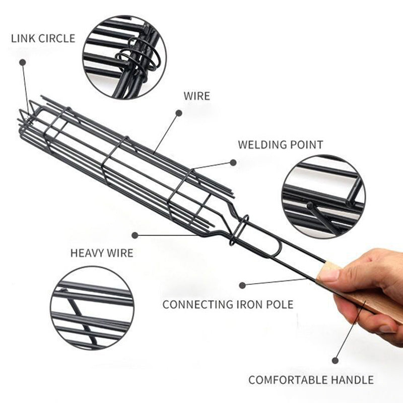 Durable Iron Grilling Basket with Wood Handle