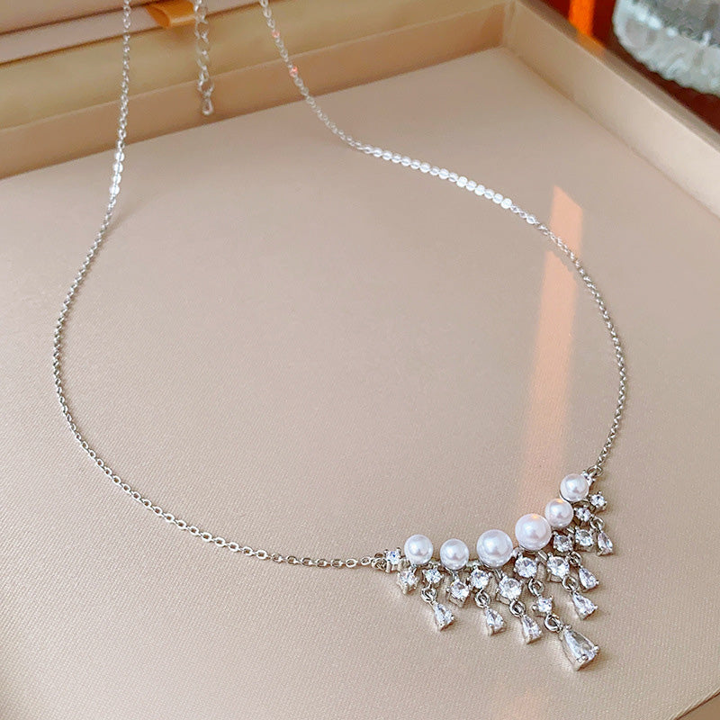 Sparkling Pearl & Teardrop Zircon Pendant Necklace