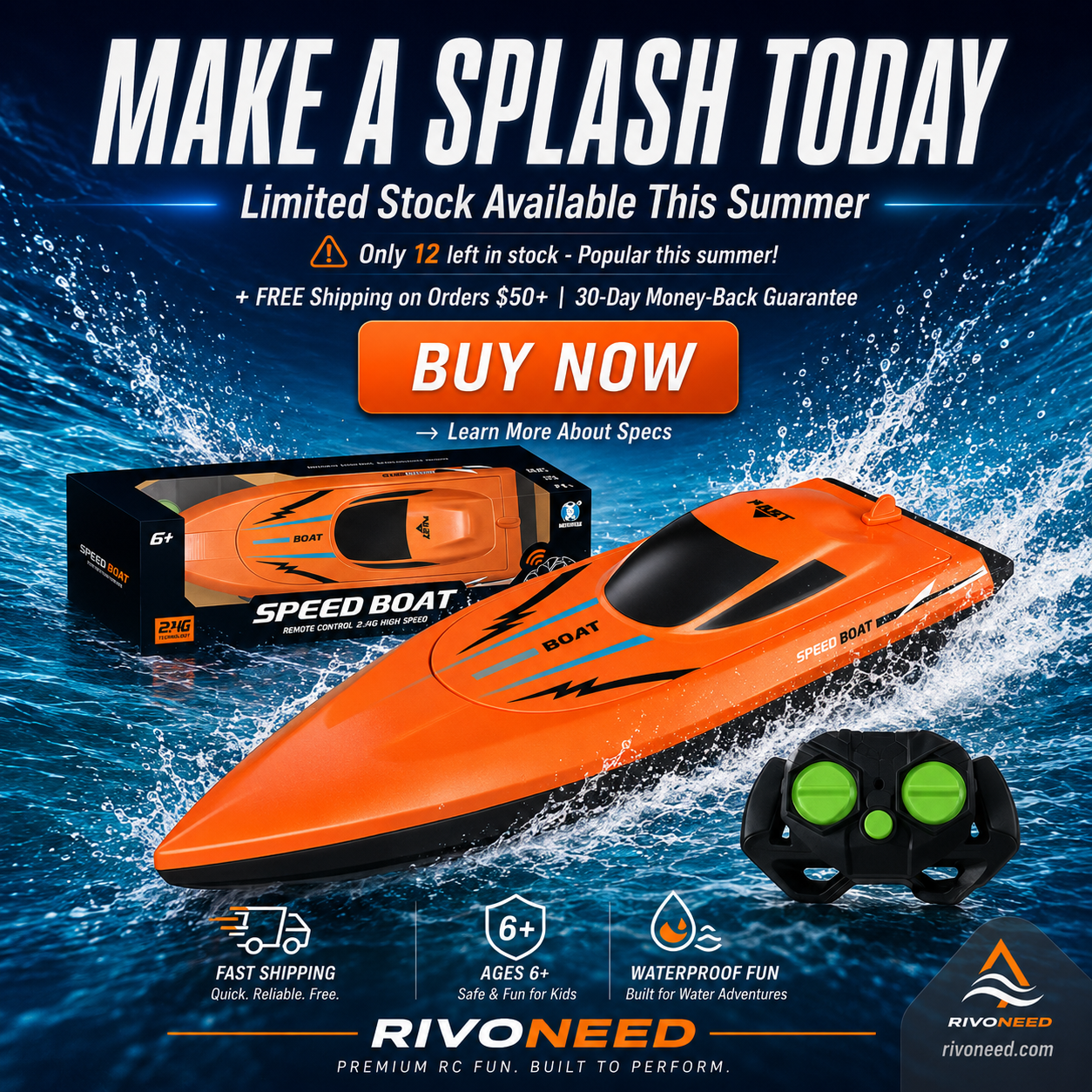 Dual‑Motor RC Boat – Twin engines, 2.4GHz control, waterproof & impact‑resistant. Slice through waves at insane speed! 🌊🚤