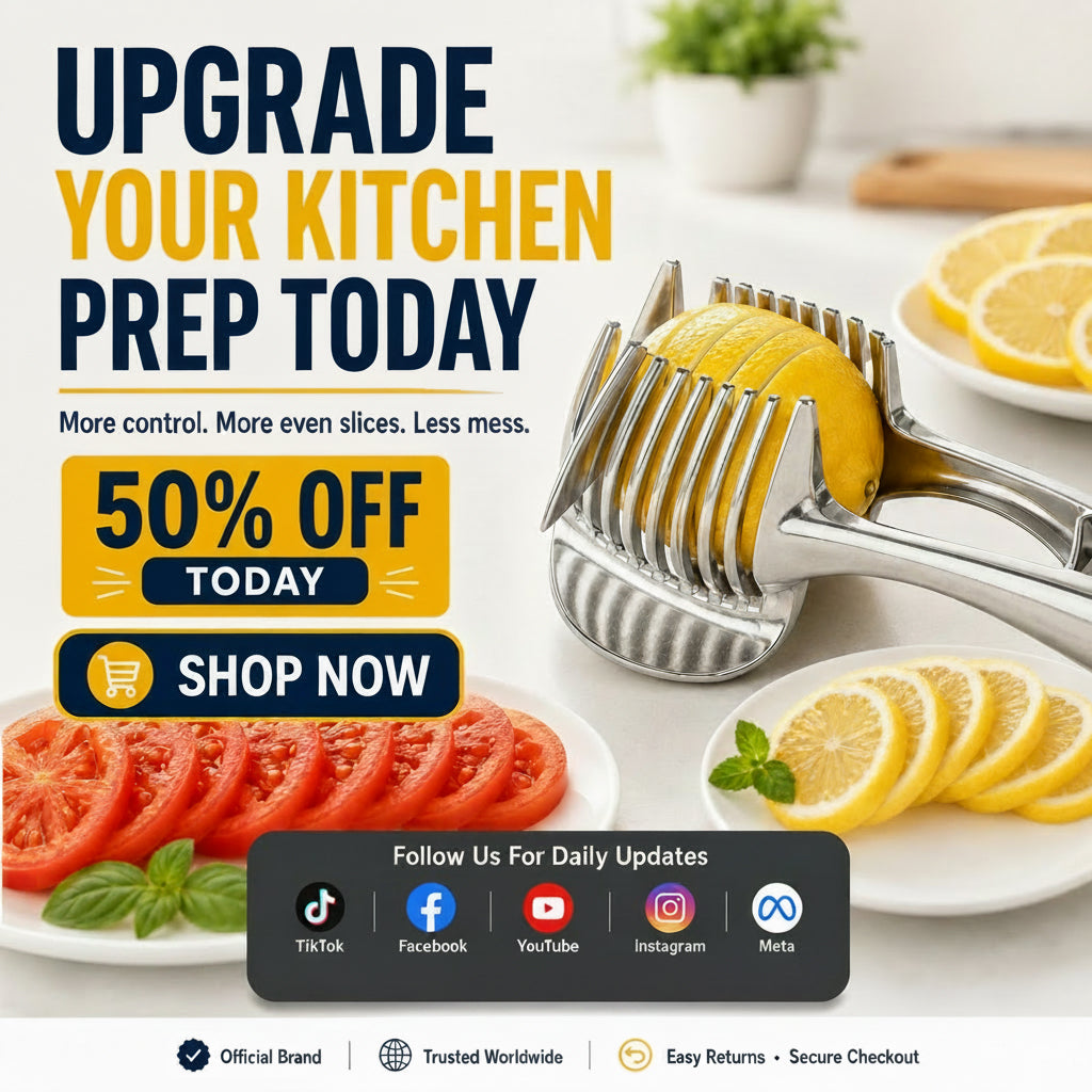 🍋Creative Kitchen Slice Cutting Tool, Food‑Grade Aluminum Alloy Hand‑Held Slicer, Quick Slicing Holder for Lemon, Tomato, Onion & Soft Fruits Vegetables