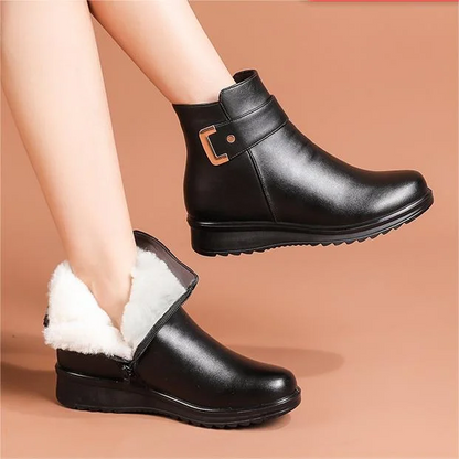 Genuine Leather Metal Buckle Velvet Boots