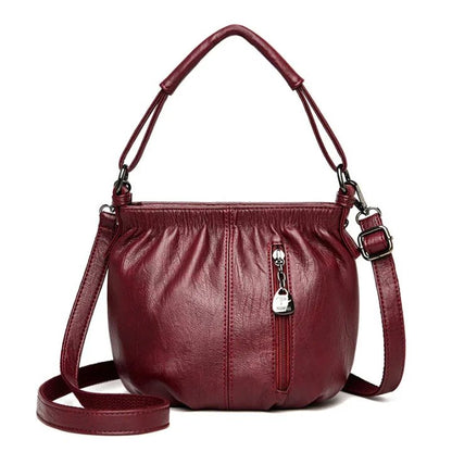 Fashion Simple Casual Pleated Bucket Soft Leather Handbag Shoulder Bag