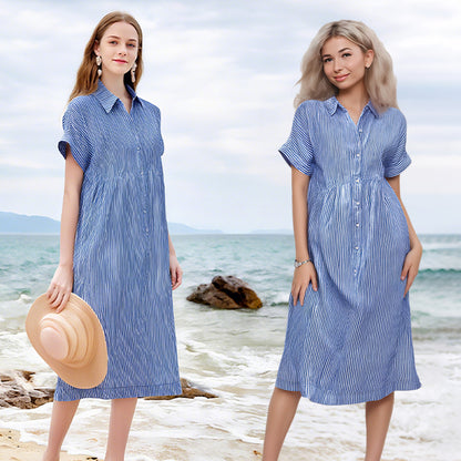🔥Striped Lapel Button Down Shirt Dress | With Functional Pockets