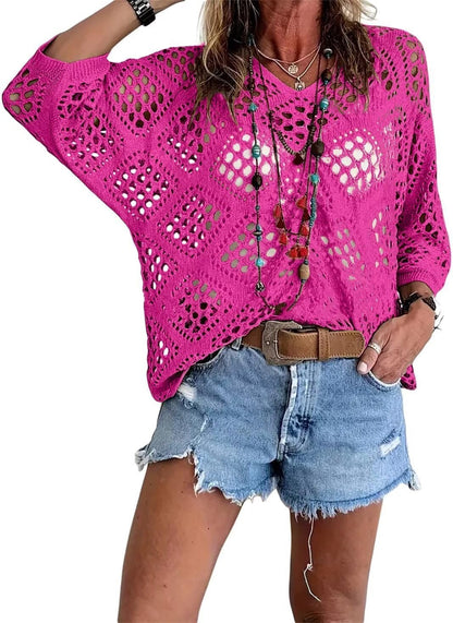 🥰Summer Sale💛Womens Bohemian-Inspired Beige Crochet Top With V-Neck