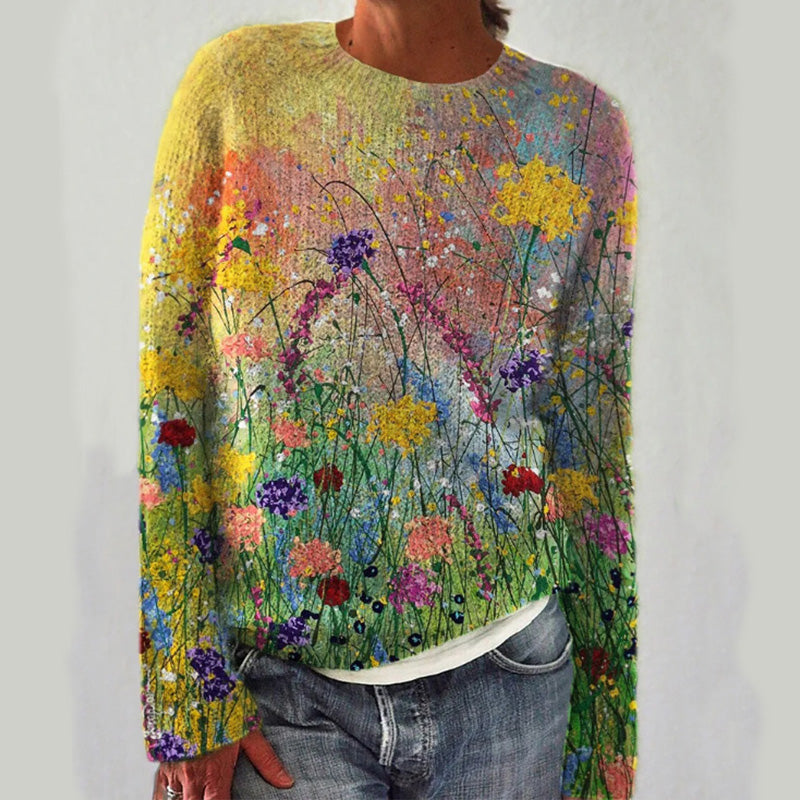 Women’s Colorful Casual Sweater with Romantic Flower Patterns