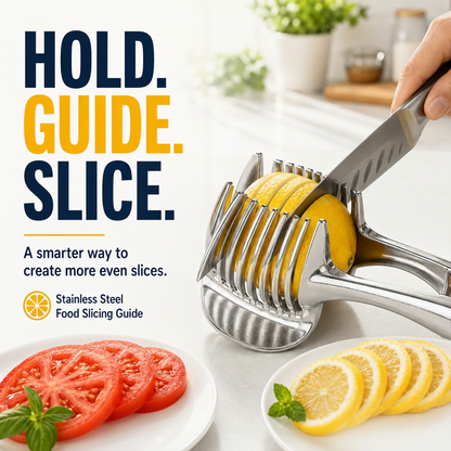 🍋Creative Kitchen Slice Cutting Tool, Food‑Grade Aluminum Alloy Hand‑Held Slicer, Quick Slicing Holder for Lemon, Tomato, Onion & Soft Fruits Vegetables