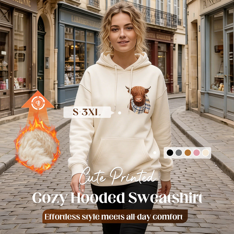 Cute Highland Cow Cozy Fleece-Lined Hooded Sweatshirt