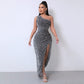 💃Women's Glitter Sequins One Shoulder Ruched Split Thigh Bodycon Dress