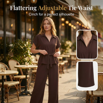 Women's Collared Drawstring Waist Top & Pants Set