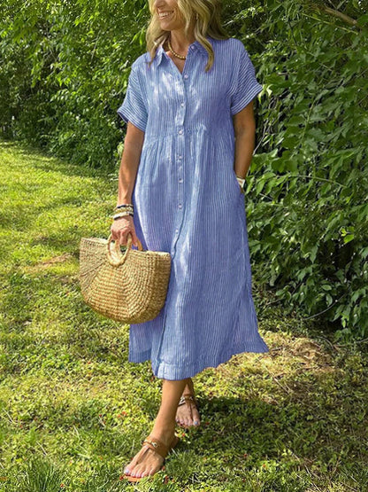 🔥Striped Lapel Button Down Shirt Dress | With Functional Pockets