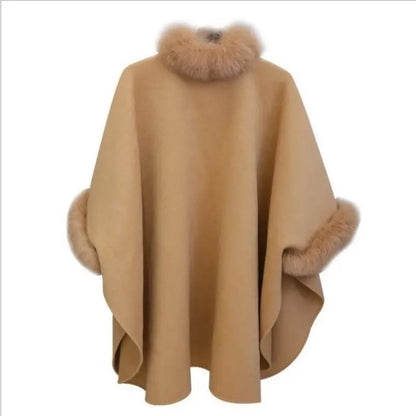 [Best Gift for Her] Elegant Solid Color Faux Fur Collar Loose Poncho Coat