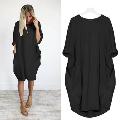 17 Colors Women Casual Loose Pocket Long Sleeves Dress