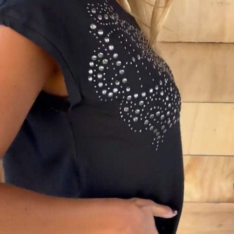 Solid Colour Short Sleeve T-shirt With Hot Print And Frayed Hem🌙