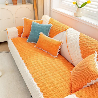 Corduroy Colour Block Non-slip Couch Cover with Lace