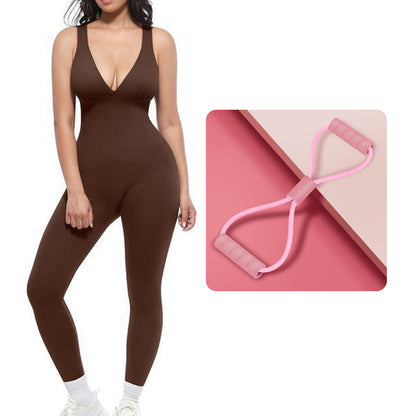 🌸High-Stretch V-Neck Jumpsuit – All-day ease for fitness & beyond. Breathable, flexible & effortlessly chic. Your go-to for movement. 🧘‍♀️💫