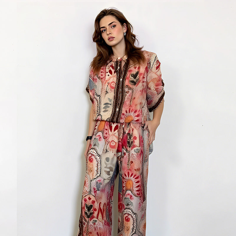 Women's Printed Top & Wide Leg Pants 2-Piece Set