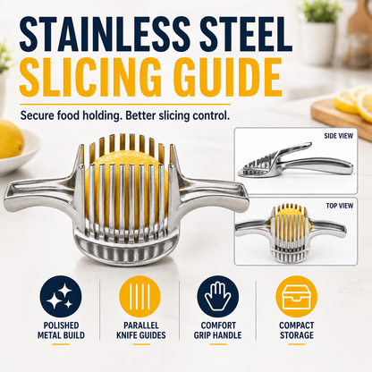 🍋Creative Kitchen Slice Cutting Tool, Food‑Grade Aluminum Alloy Hand‑Held Slicer, Quick Slicing Holder for Lemon, Tomato, Onion & Soft Fruits Vegetables