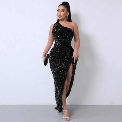 💃Women's Glitter Sequins One Shoulder Ruched Split Thigh Bodycon Dress
