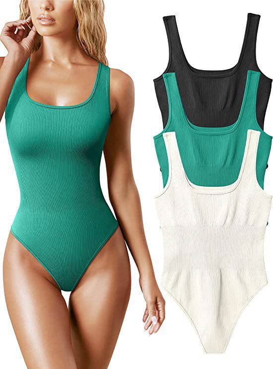 Women's Solid Color Ribbed Low Neck Sleeveless Body Shaping Bodysuit