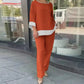 Elegant Long-sleeved Round-neck Trouser Set With Straight Legs
