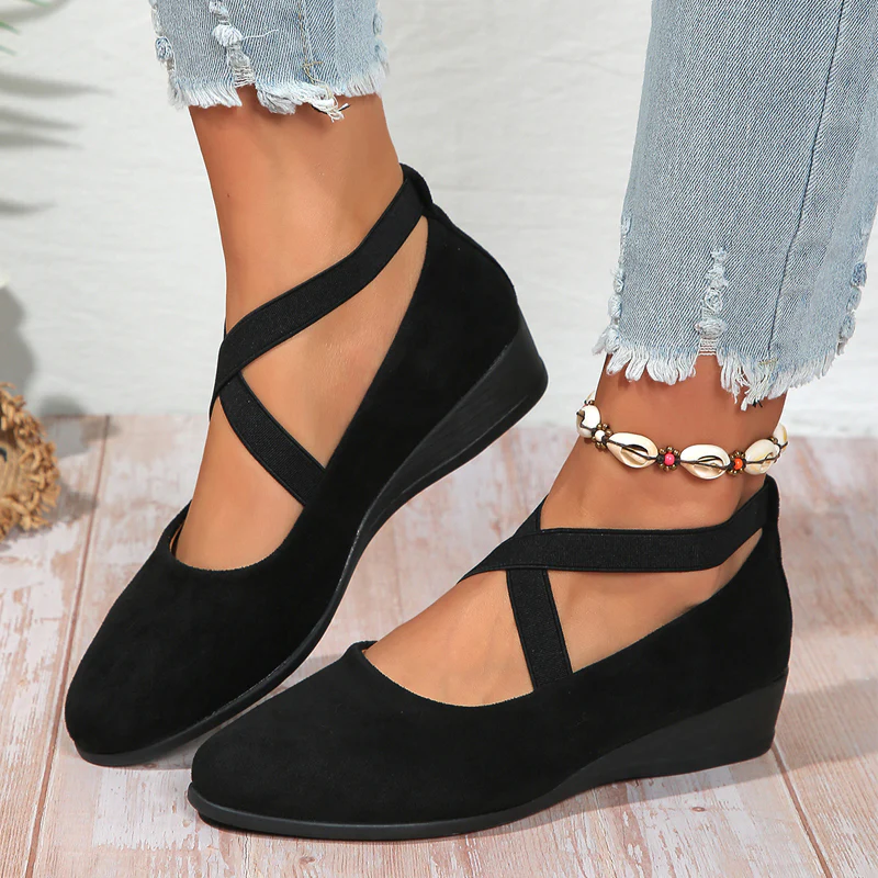 🔥Hot Sale🔥Elegant Solid Color Elastic Strap Low Wedge Shoes