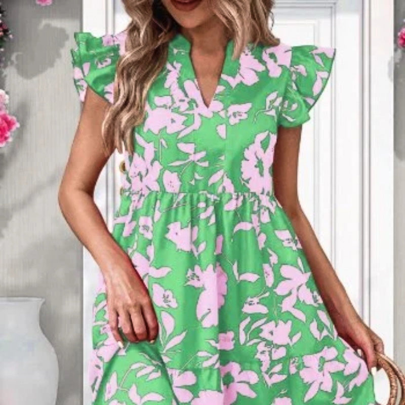 Ruffle Sleeve V-Neck Printed Dress