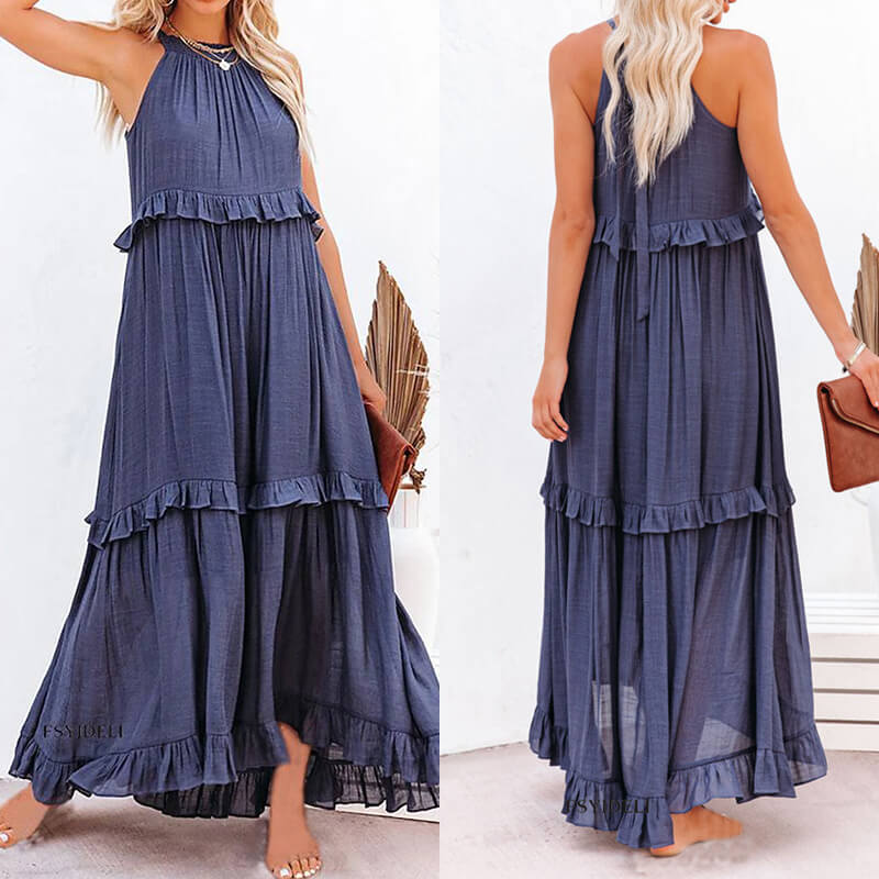 Women's Summer Casual Sleeveless Strappy Backless flounces Dress