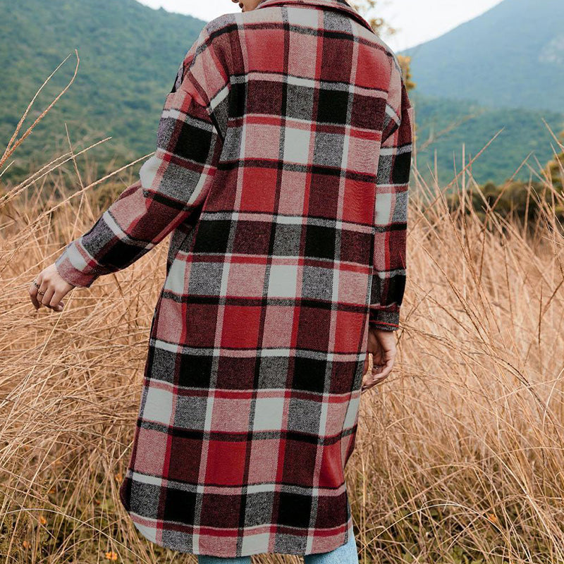 Women's Plaid Print Long Sleeve Warm Tweed Coat