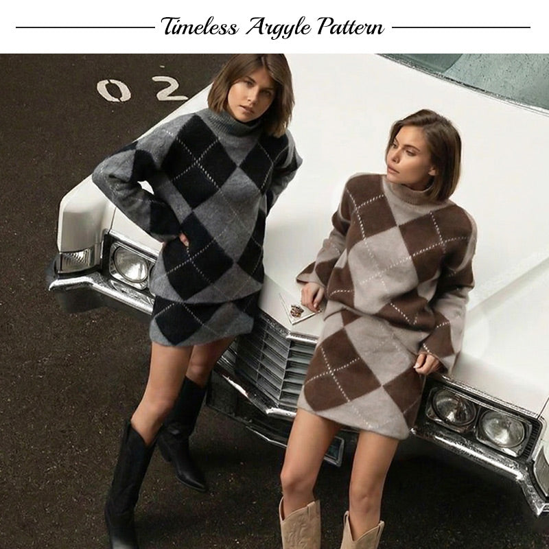 Women's Diamond Pattern Knit Sweater & Skirt 2-Piece Set