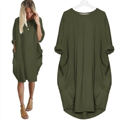 17 Colors Women Casual Loose Pocket Long Sleeves Dress