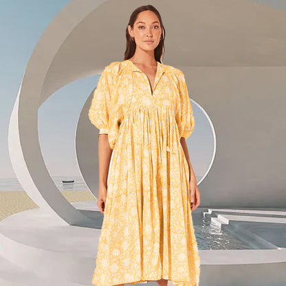 🍊Women's Vintage Floral Pleated Half Sleeve Flowy Dress