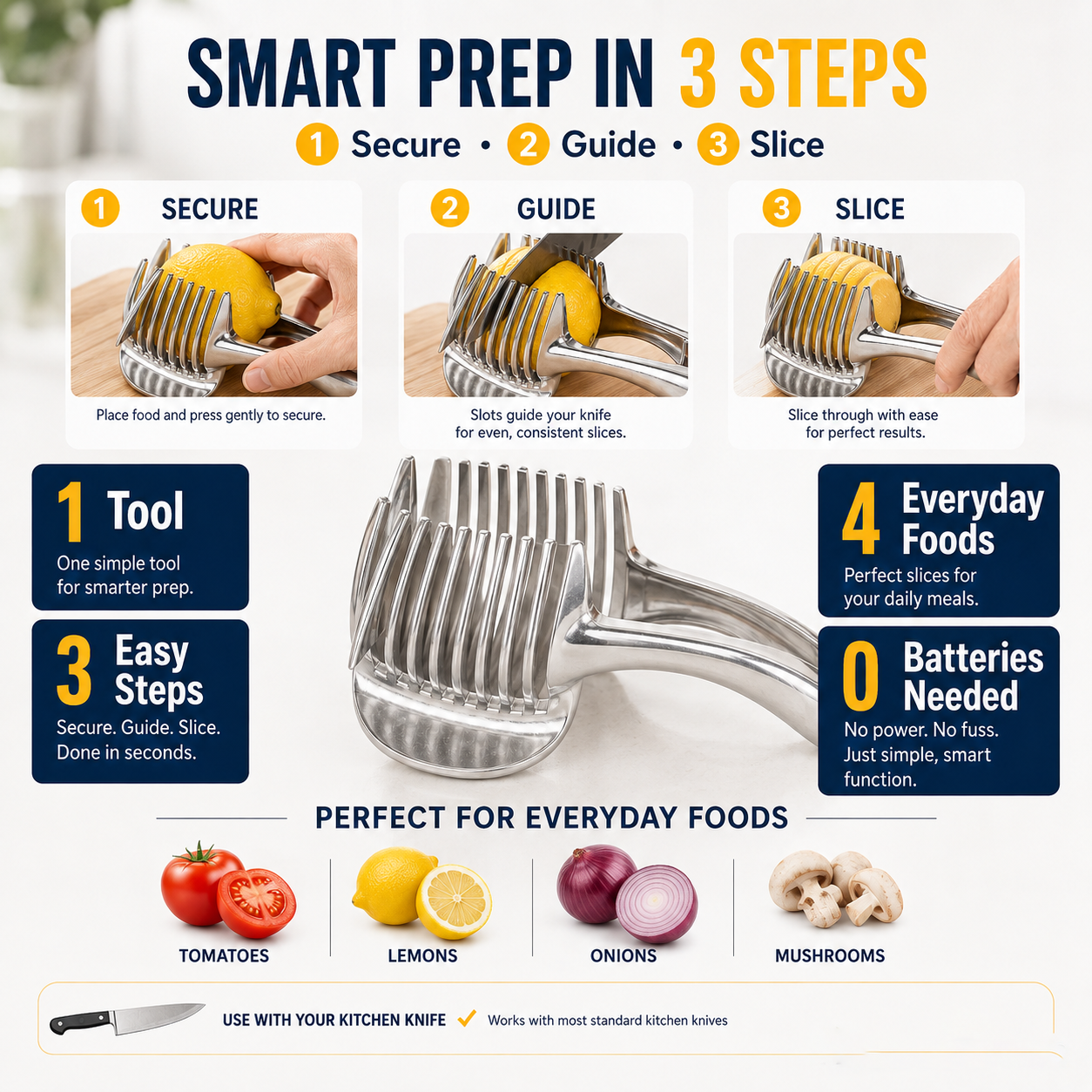 🍋Creative Kitchen Slice Cutting Tool, Food‑Grade Aluminum Alloy Hand‑Held Slicer, Quick Slicing Holder for Lemon, Tomato, Onion & Soft Fruits Vegetables
