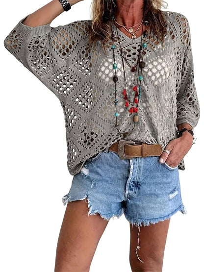 🥰Summer Sale💛Womens Bohemian-Inspired Beige Crochet Top With V-Neck