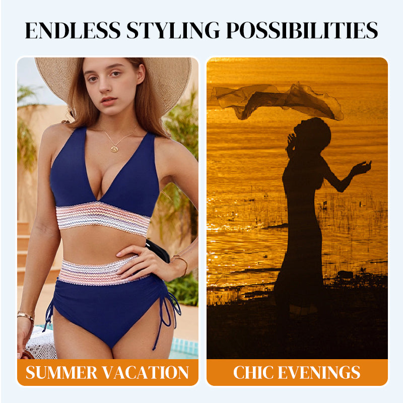 👙High Waisted Tummy Control Colour Block Bikini Sets