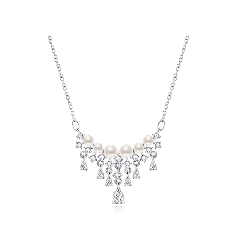 Sparkling Pearl & Teardrop Zircon Pendant Necklace