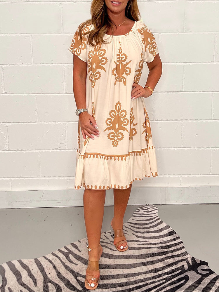 Geometric Pattern Multi Print Square Neck Dress