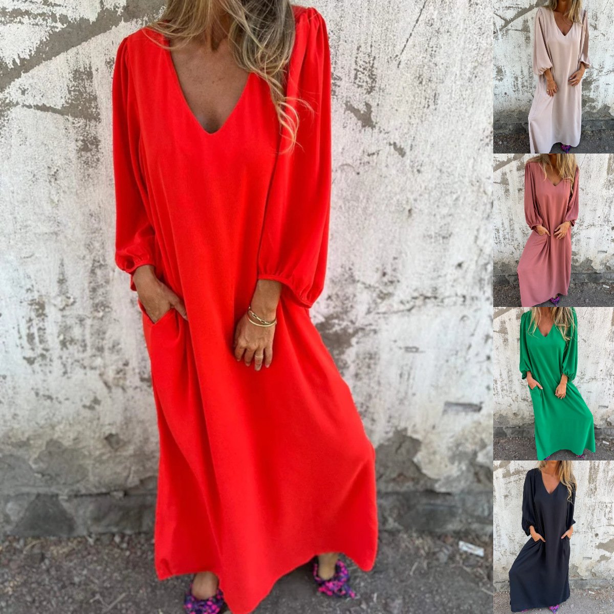 V-neck Solid Color Lantern Sleeve Dress