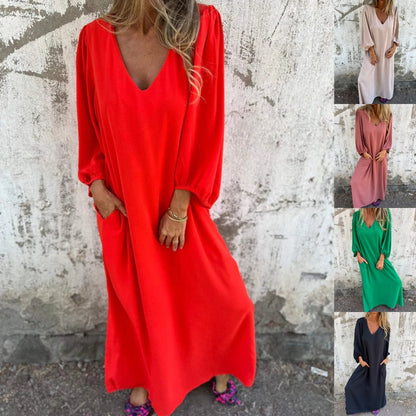 V-neck Solid Color Lantern Sleeve Dress