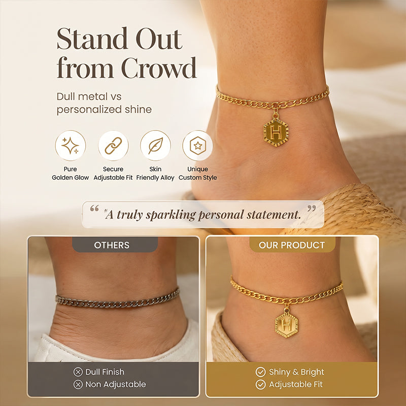 Gold Initial Anklet with Figaro Chain – Personalized letter, tarnish-resistant & adjustable length 👣