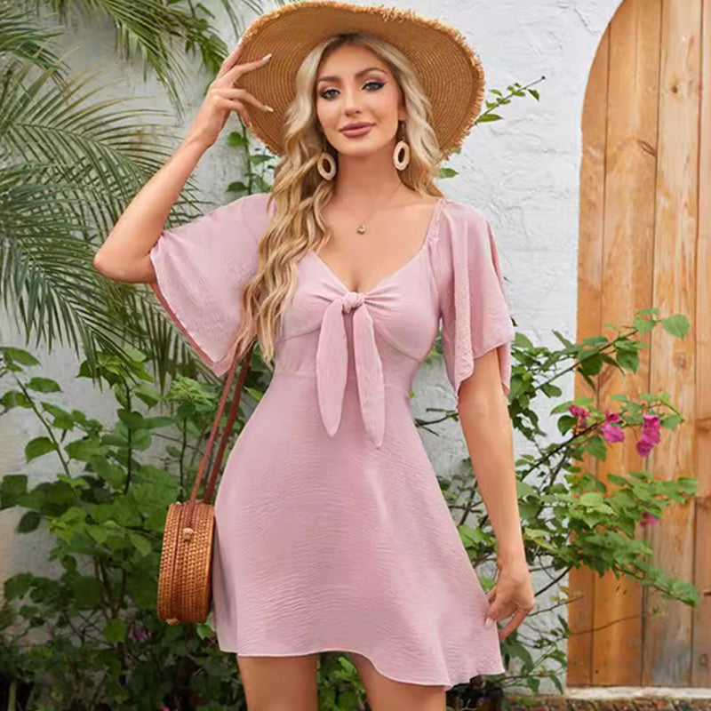 Elegant Deep V Neck Bow-Tie Mini Dress-Very Good Elasticity~