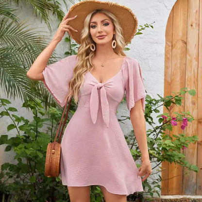 Elegant Deep V Neck Bow-Tie Mini Dress-Very Good Elasticity~