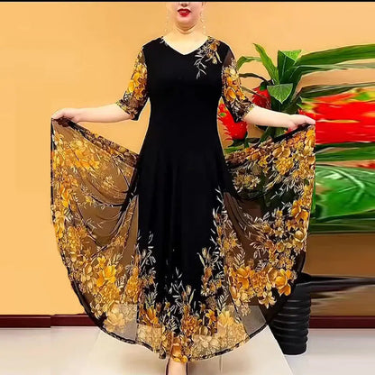 💃【L-4XL】 Fashion Women's Double Layer Mesh Printed Dresses💐